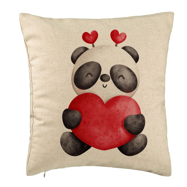 Dekoratív párna Panda maci szívvel, Valentin napi modell, 40x40 cm, bézs, levehető huzat, fújtató