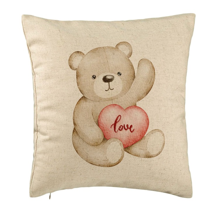 Dekoratív párna mackó szívvel, Valentin napi modell, 40x40 cm, bézs, levehető huzat, fújtató
