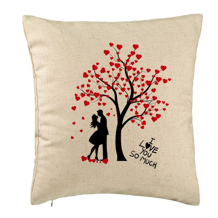I Love You dekoratív párna - Valentin napi modell, 40x40 cm, bézs, levehető huzat, fújtató