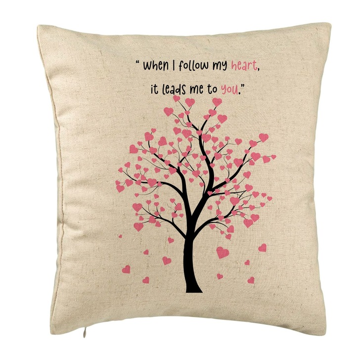 Dekoratív párna üzenettel - Modell Valentin-nap 2, 40x40 cm, Bézs, Levehető huzat, Fújtató