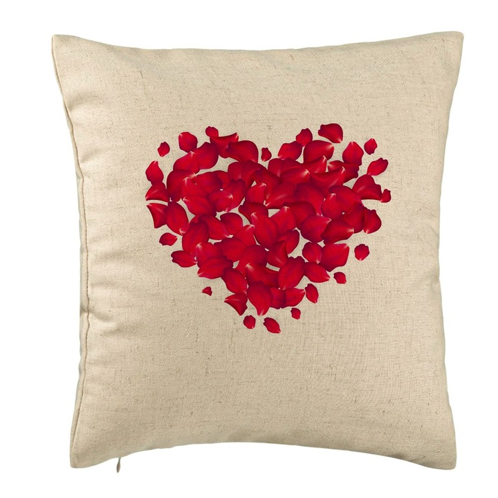 Dekoratív párna szívvel, Valentin napi modell, 40x40 cm, bézs, levehető huzat, fújtató