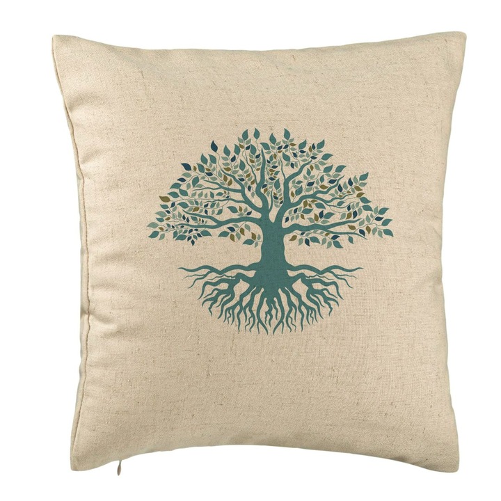 Életfa díszpárna, 40x40 cm, bézs, levehető huzat, fújtató