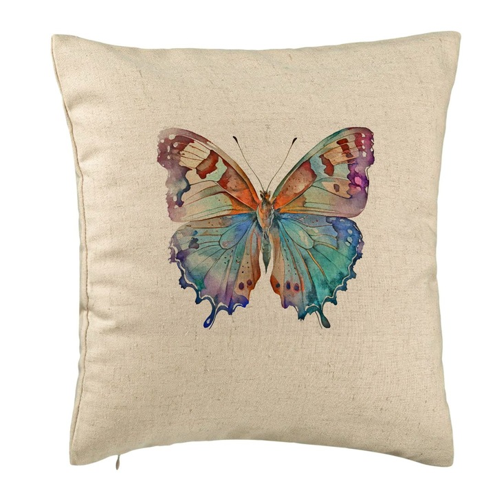Többszínű pillangós díszpárna, 40x40 cm, bézs, levehető huzat, fújtató