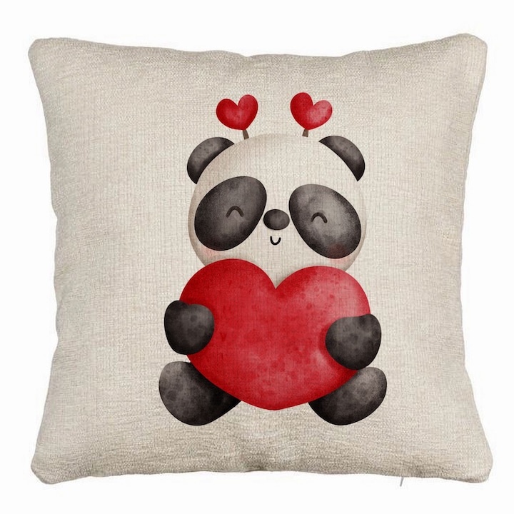 Kanapé dekoratív párna Panda Bear szívvel, Valentin napi modell, 40x40 cm, Levehető huzat, Fújtató
