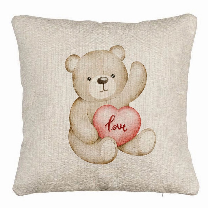 Kanapé dekoratív párna mackó szívvel, Valentin napi modell, 40x40 cm, levehető huzat, fújtató