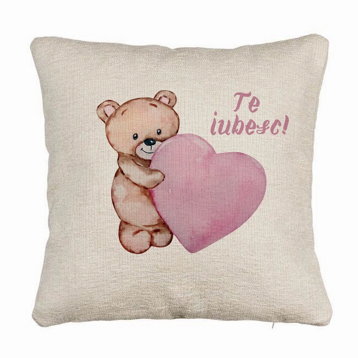 Kanapé dekoratív párna mackó szívvel - Szeretlek, Valentin napi modell, 40x40 cm, Levehető huzat, Fújtató
