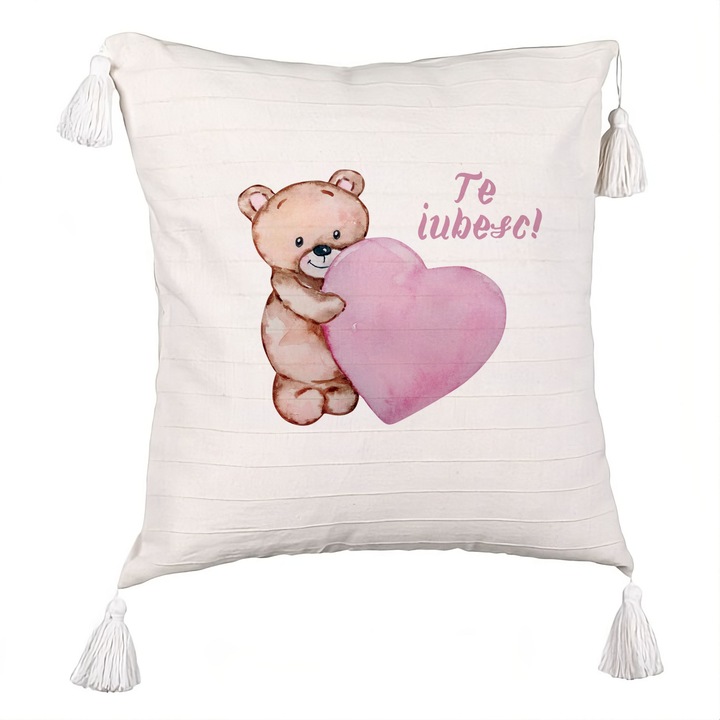 Dekoratív párna rojtos medvével szívvel - Szeretlek, Valentin napi modell, 40x40 cm, Levehető huzat