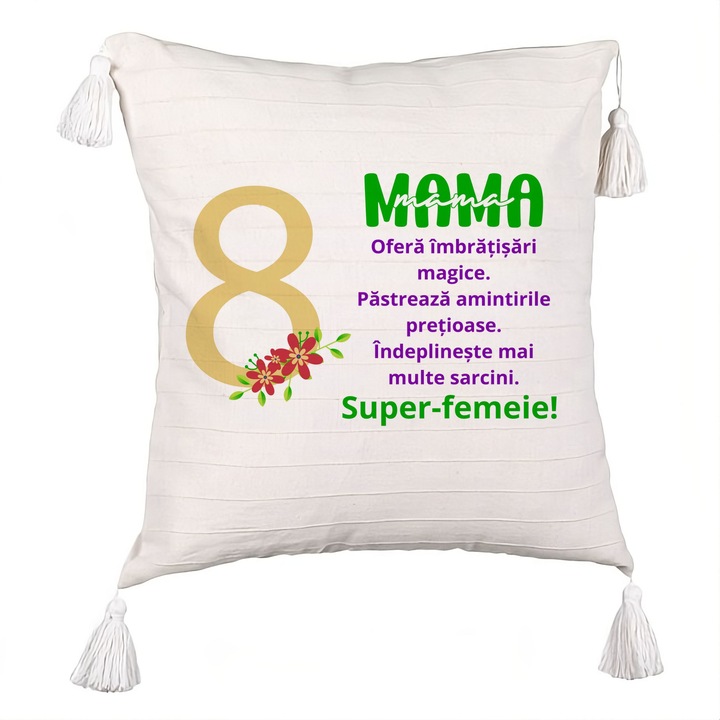 Dekoratív rojtos párna üzenettel anyának - március 8., 40x40 cm, levehető huzat