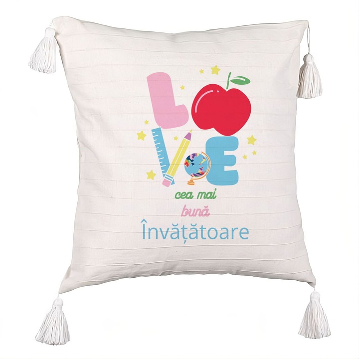 Dekoratív párna rojtos szöveggel tanárnőnek 2, 40x40 cm, levehető huzat