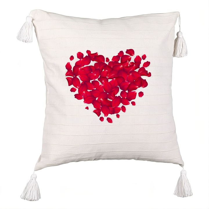 Dekoratív párna szívrojtos, Valentin-napi modell, 40x40 cm, Levehető huzat