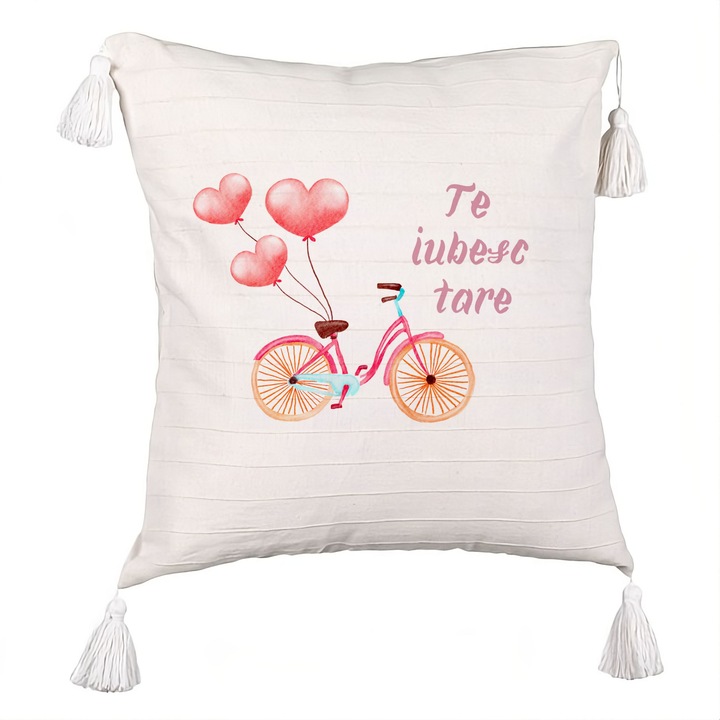 Perna Decorativa cu Franjuri Te Iubesc, Model Ziua Indragostitilor, 40x40 cm, Husa Detasabila