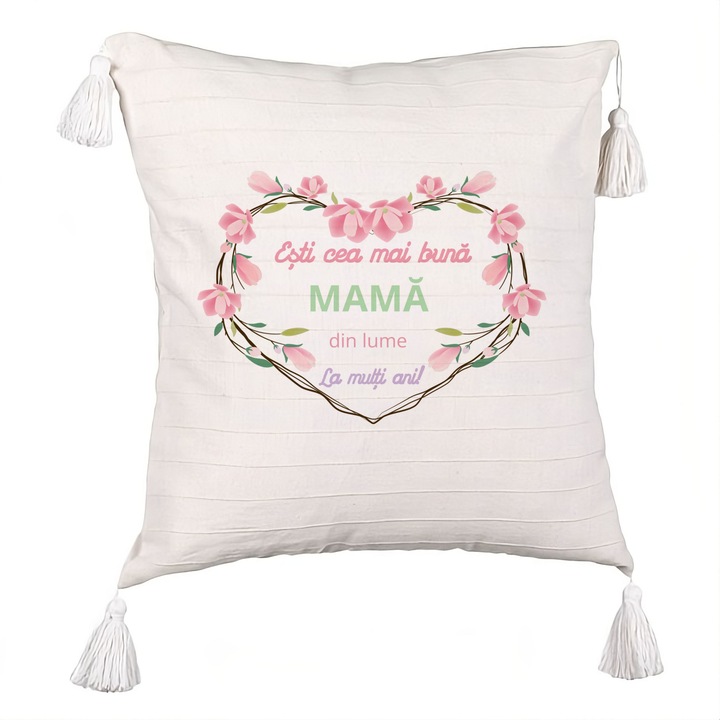 Dekoratív rojtos párna anyának szöveggel - március 8., Boldog születésnapot 2, 40x40 cm, Levehető huzat
