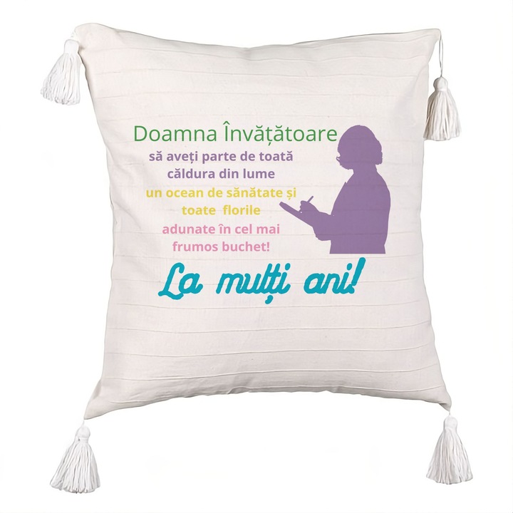 Dekoratív rojtos párna üzenettel tanárnak - Boldog születésnapot, 40x40 cm, levehető huzat
