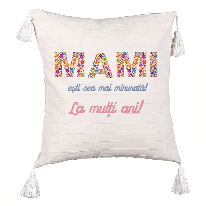 Dekoratív párna rojtokkal anyának szöveggel - Boldog születésnapot, 40x40 cm, Levehető huzat