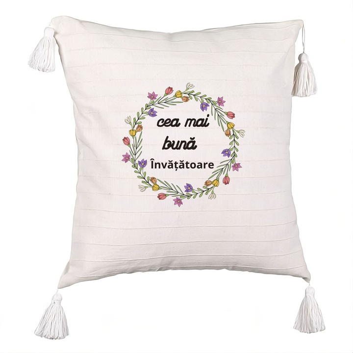 Dekoratív párna rojtos szöveggel tanárnak 1, 40x40 cm, levehető huzat