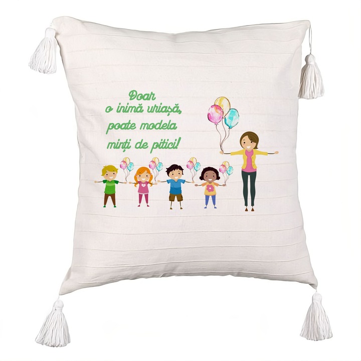 Perna Personalizata cu Franjuri cu Mesaj pentru Educatoare, 40x40 cm, Husa Detasabila