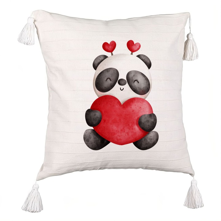 Dekoratív párna Panda Bear rojttal, szívvel, Valentin-napi mintával, 40x40 cm, Levehető huzat