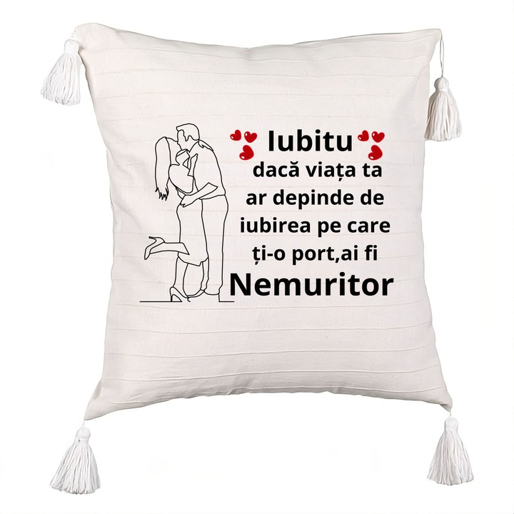 Perna Personalizata cu Franjuri Cadou Iubit cu Mesaj, 2 40x40 cm, Husa Detasabila