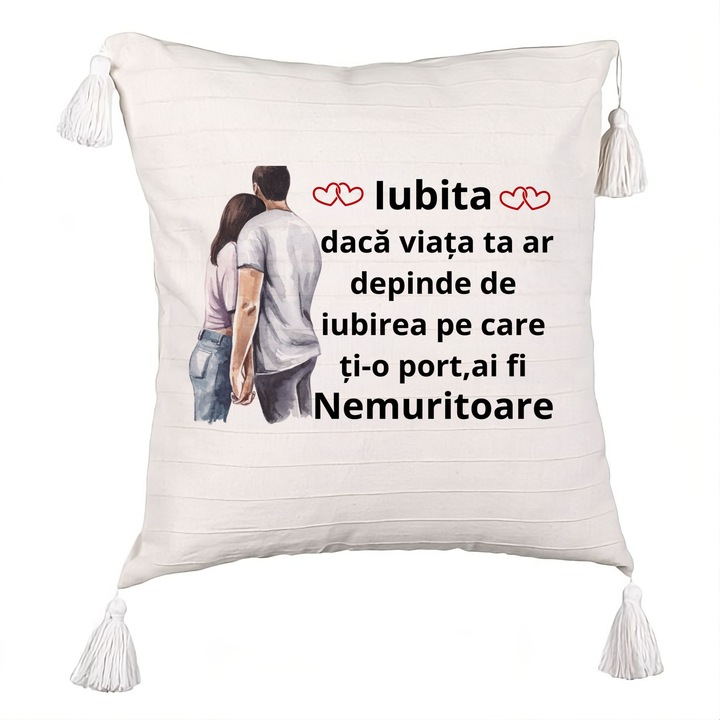 Perna Personalizata cu Franjuri Cadou Iubita cu Mesaj 4, 40x40 cm, Husa Detasabila
