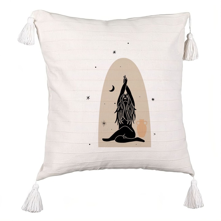 Yoga Mindfulness Fringe dekoratív párna, 40x40 cm, levehető huzat