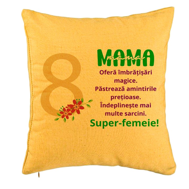 Dekoratív párna üzenettel anyának - március 8., 40x40 cm, sárga, levehető huzat, fújtató