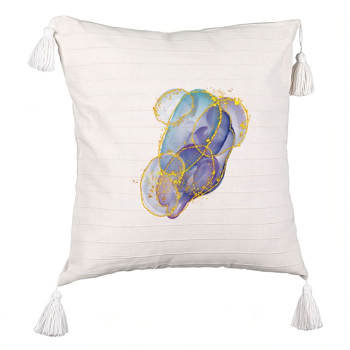 Dekoratív párna többszínű absztrakt művészeti rojtokkal, 40x40 cm, levehető huzat