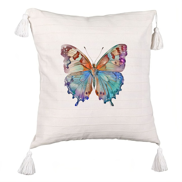 Dekoratív párna többszínű pillangó rojttal, 40x40 cm, levehető huzat