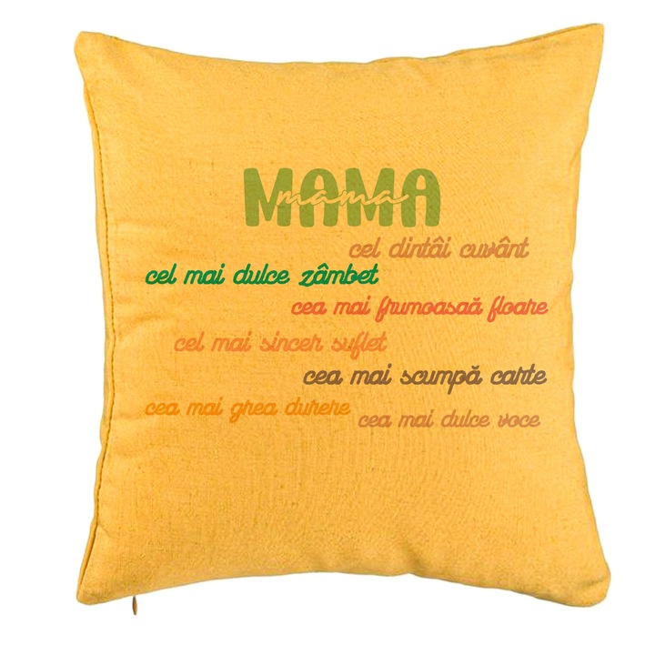 Dekoratív párna üzenettel anyának - 8 március 2, 40x40 cm, sárga, levehető huzat, fújtató