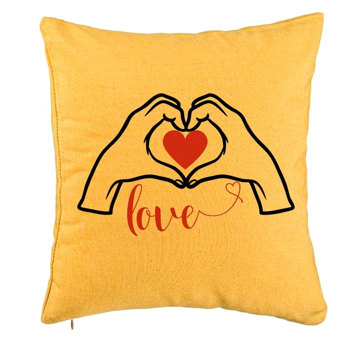 Dekoratív párna szerelmes szöveggel, Valentin napi modell, 40x40 cm, sárga, levehető huzat, fújtató