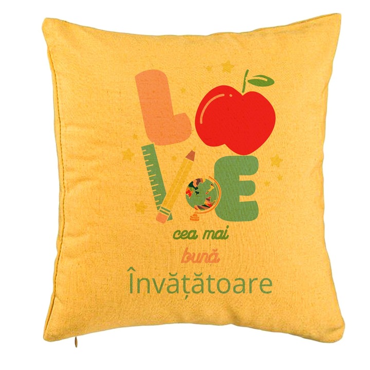 Dekoratív párna szöveggel tanárnőnek 2, 40x40 cm, sárga, levehető huzat, fújtató