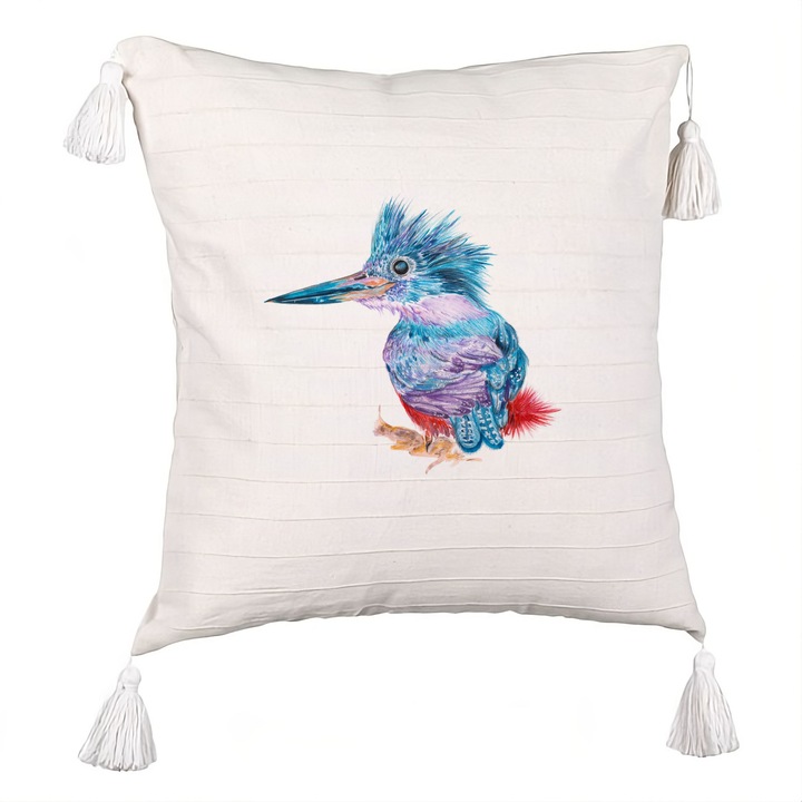 Dekoratív párna, többszínű madár mintás, rojttal, 40x40 cm, levehető huzattal