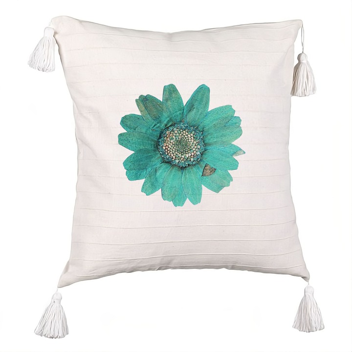 Perna Decorativa cu Franjuri cu Motive Florale 2, 40x40 cm, Husa Detasabila