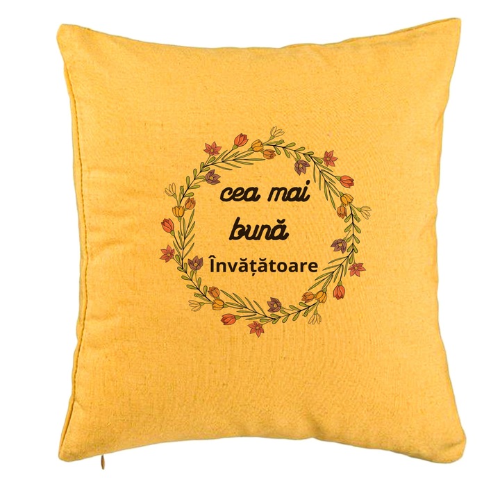 Dekoratív párna szöveggel tanárnőnek 1, 40x40 cm, sárga, levehető huzat, fújtató