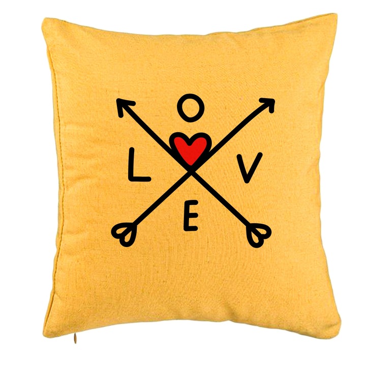 Love dekoratív párna - Valentin napi modell 2, 40x40 cm, sárga, levehető huzat, fújtató
