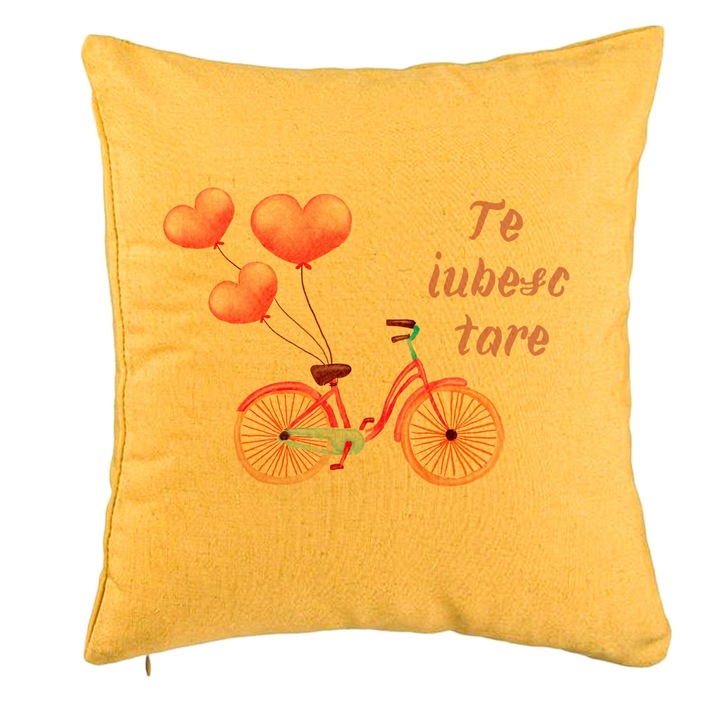 Perna Decorativa Te Iubesc, Model Ziua Indragostitilor, 40x40 cm, Galbena, Husa Detasabila, Burduf
