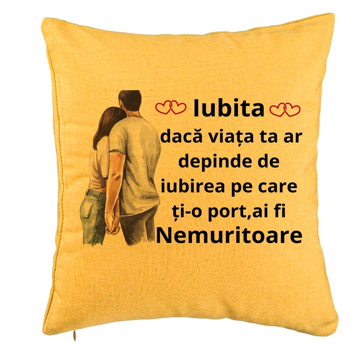Lover Gift dekoratív párna 4-es üzenettel, 40x40 cm, sárga, levehető huzat, fújtató
