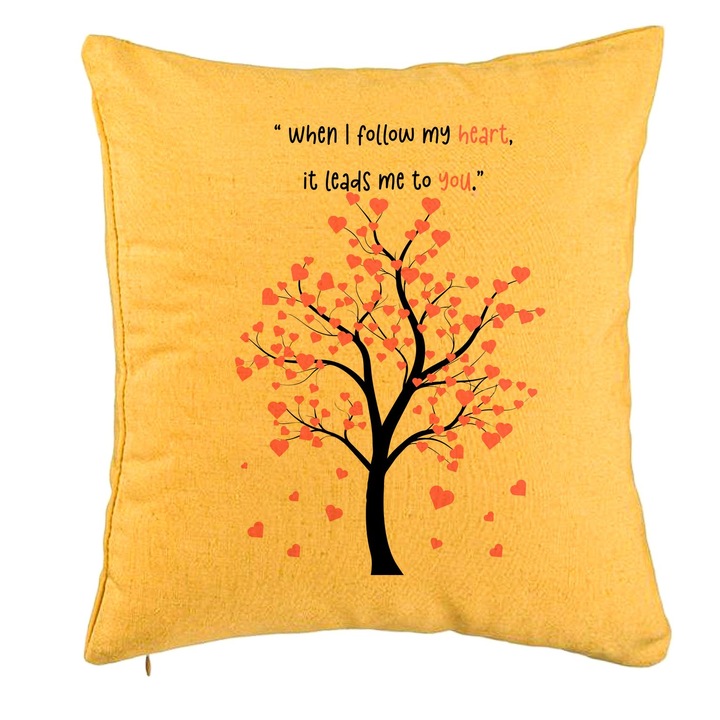 Dekoratív párna üzenettel - Modell Valentin-nap 2, 40x40 cm, sárga, levehető huzat, fújtató