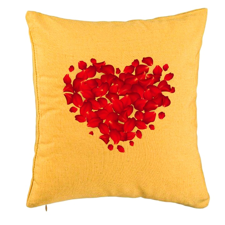 Dekoratív párna szívvel, Valentin napi modell, 40x40 cm, sárga, levehető huzat, fújtató