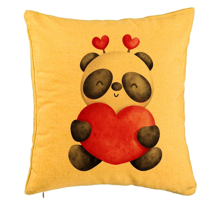 Dekoratív párna maci Panda szívvel, Valentin-napi mintával, 40x40 cm, Sárga, Levehető huzat