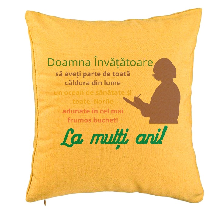 Dekoratív párna üzenettel egy tanárnak - Boldog születésnapot, 40x40 cm, sárga, levehető huzat, fújtató