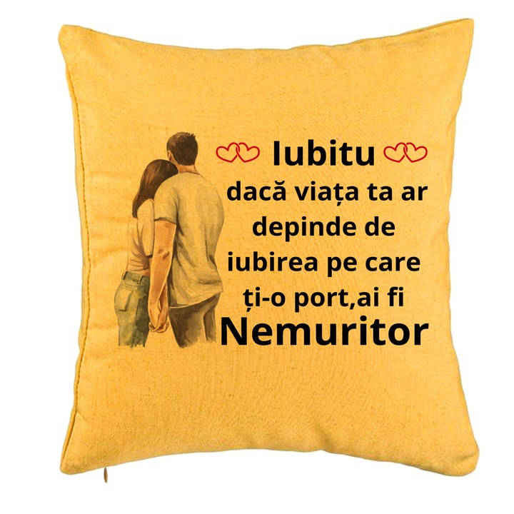 Lover Gift dekoratív párna 3-as üzenettel, 40x40 cm, sárga, levehető huzat, fújtató