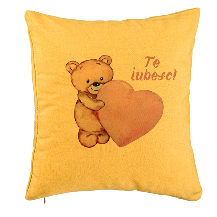 Dekoratív párnamackó szívvel - Szeretlek, Valentin napi modell, 40x40 cm, sárga, levehető huzat, fújtató