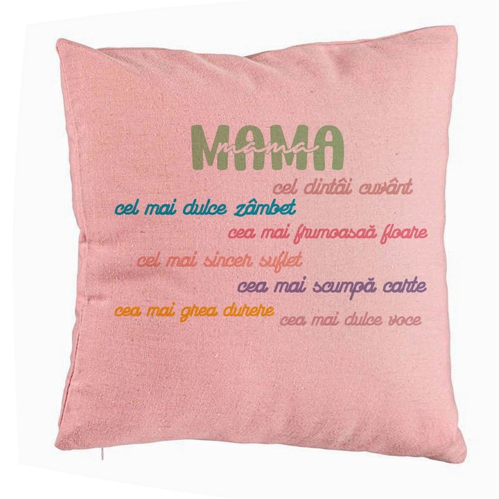 Dekoratív párna üzenettel anyának - 8 március 2, 40x40 cm, rózsaszín, levehető huzat, fújtató