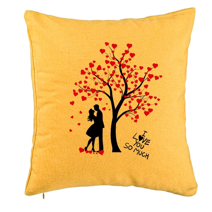 I Love You dekoratív párna - Valentin napi modell, 40x40 cm, sárga, levehető huzat, fújtató