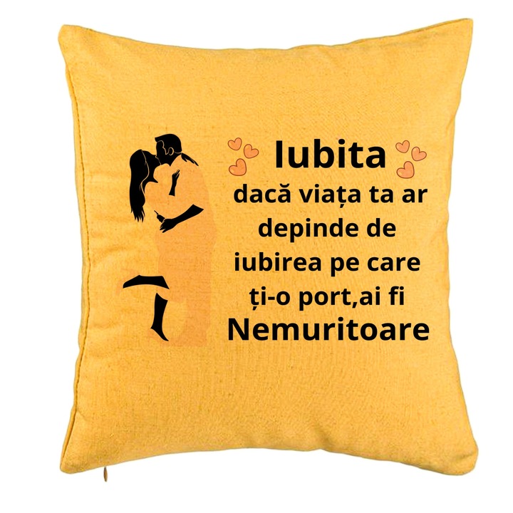 Lover Gift dekoratív párna 3-as üzenettel, 40x40 cm, sárga, levehető huzat, fújtató