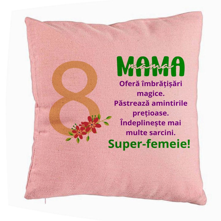 Dekoratív párna üzenettel anyának - március 8., 40x40 cm, rózsaszín, levehető huzat, fújtató