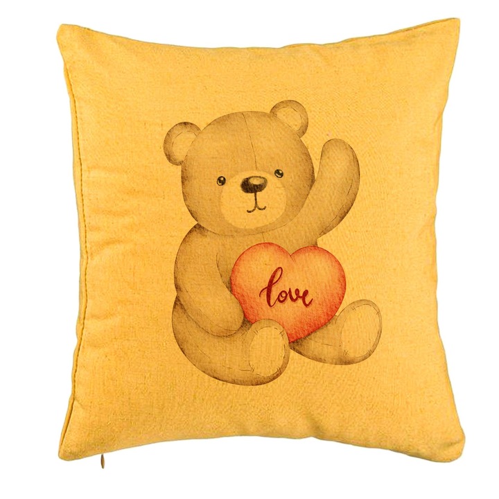 Dekoratív párnamackó szívvel, Valentin napi modell, 40x40 cm, sárga, levehető huzat, fújtató