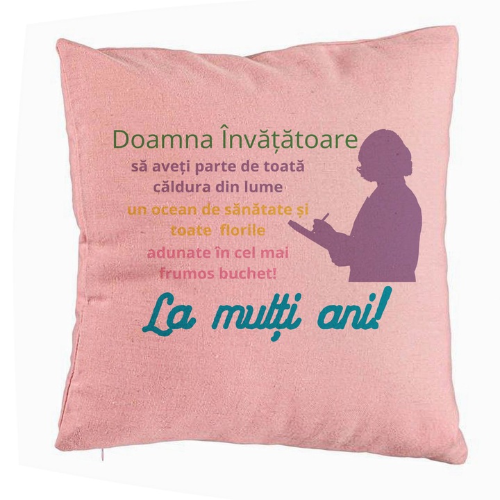 Dekoratív párna üzenettel egy tanárnak - Boldog születésnapot, 40x40 cm, rózsaszín, levehető huzat, fújtató