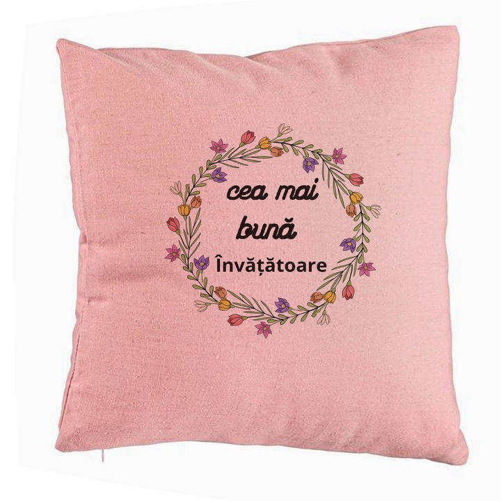 Dekoratív párna szöveggel tanárnőnek 1, 40x40 cm, rózsaszín, levehető huzat, fújtató