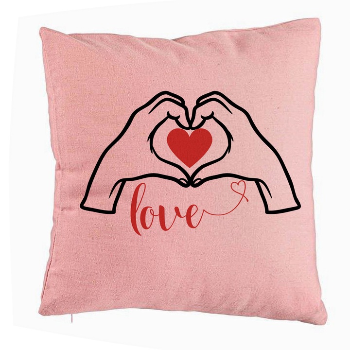 Dekoratív párna szerelmes szöveggel, Valentin napi modell, 40x40 cm, rózsaszín, levehető huzat, fújtató